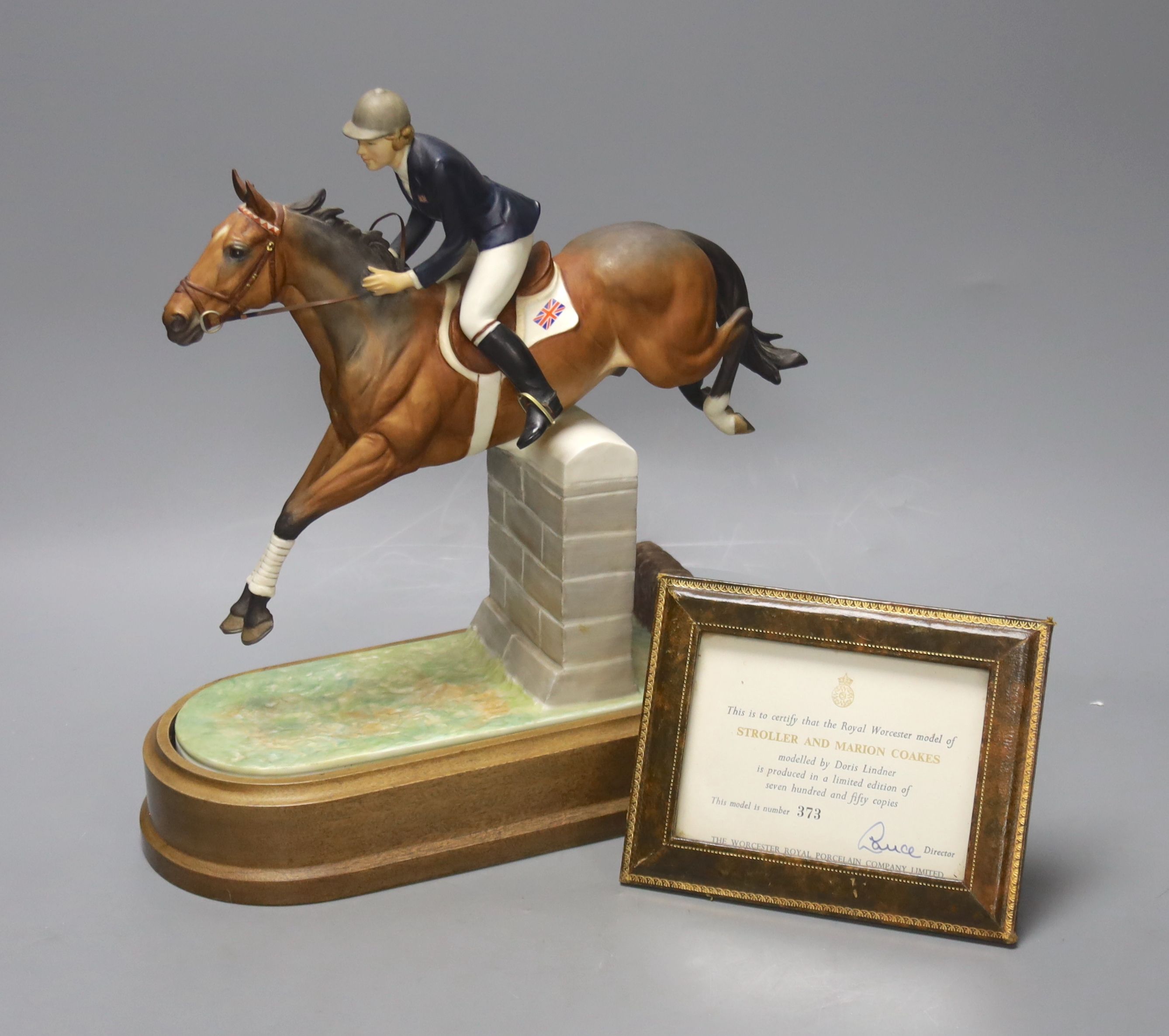 Doris Lindner for Royal Worcester, a limited edition figure, 'Marion Coakes on Stroller', no. 524/750, circa 1970, on wooden plinth, with certificate